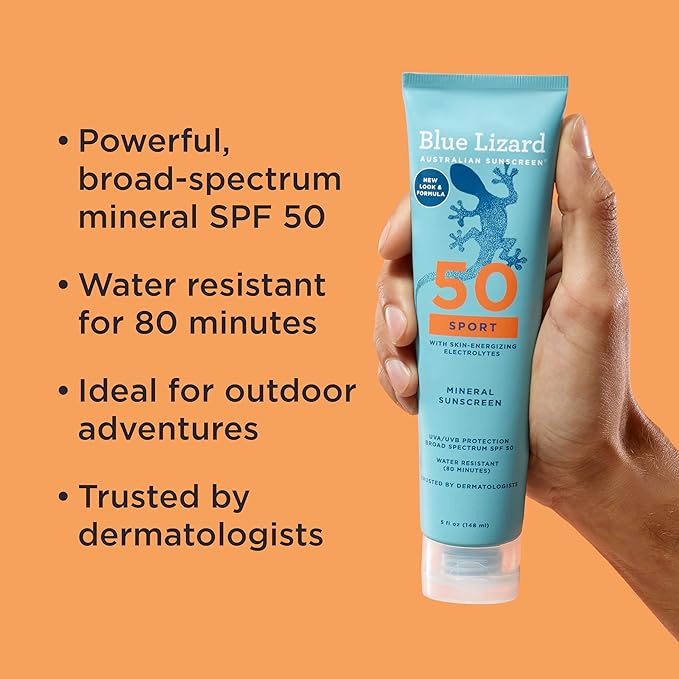Blue Lizard Sport Mineral SPF 50 Lotion, Ideal for Athletes, 100% Mineral Sunscreen Actives, Fragrance-Free, Paraben-Free, Vegan, 5 fl oz