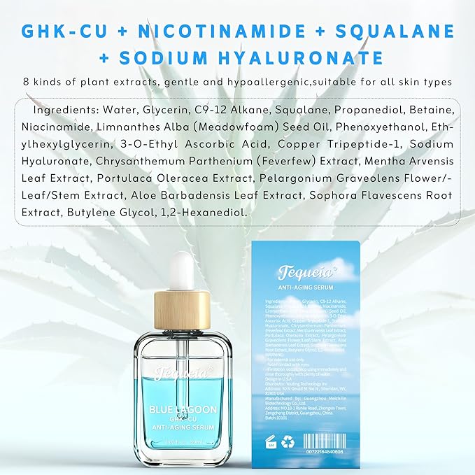 Blue Lagoon GHK-Cu Lifting & Firming Face Serum by TEQUEIA Dual-Phase Water-Oil Blue Copper Peptide Anti-Aging with Niacinamide & Hyaluronic Acid, Collagen Booster for Wrinkles & Elasticity
