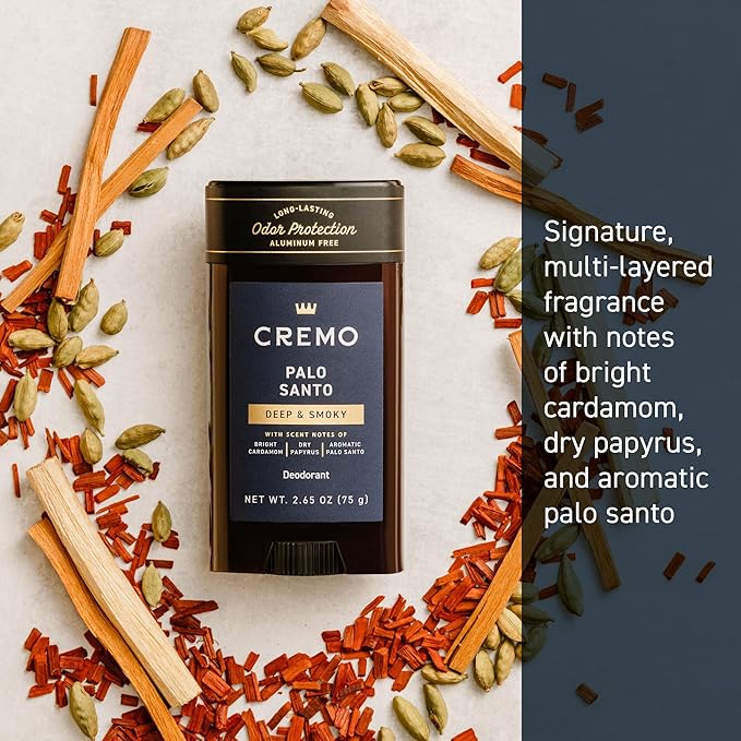 Cremo Palo Santo Aluminum Free Deodorant for Men, 48-hour Long Lasting Odor Protection, 2.65oz