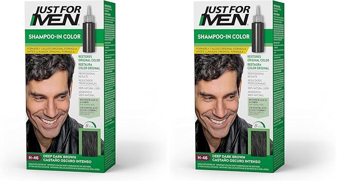 Just For Men Shampoo-In Color (Formerly Original Formula), Mens Hair Color with Keratin and Vitamin E for Stronger Hair - Deep Dark Brown, H-46, Pack of 2