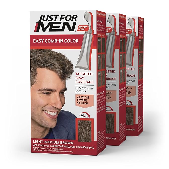 Just For Men Easy Comb-In Color Mens Hair Dye, Easy No Mix Application with Comb Applicator - Light-Medium Brown, A-30, Pack of 3