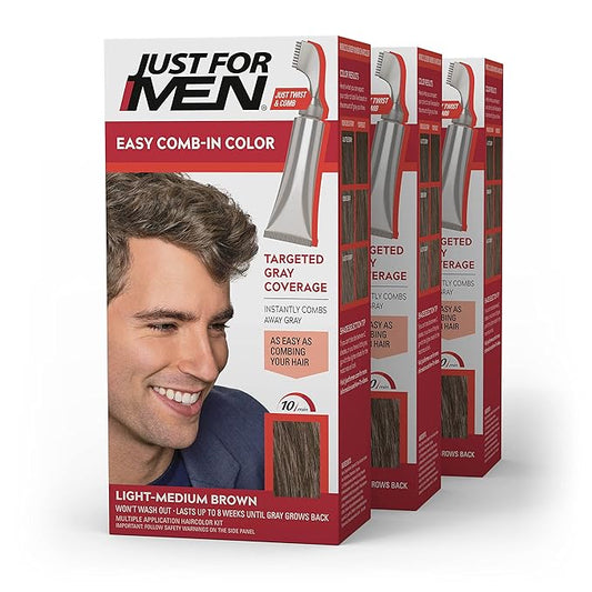 Just For Men Easy Comb-In Color Mens Hair Dye, Easy No Mix Application with Comb Applicator - Light-Medium Brown, A-30, Pack of 3