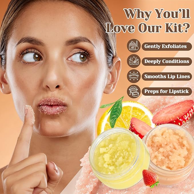 Sugar Lip Scrub Making Kit- 35Pcs Make Your Own Sugar Lip Scrub with Shea Butter, Almond Oil, Essential Oils, Moisturizing and Exfoliating Dry Lip, DIY Organic Lip Care Gifts For Women & Men