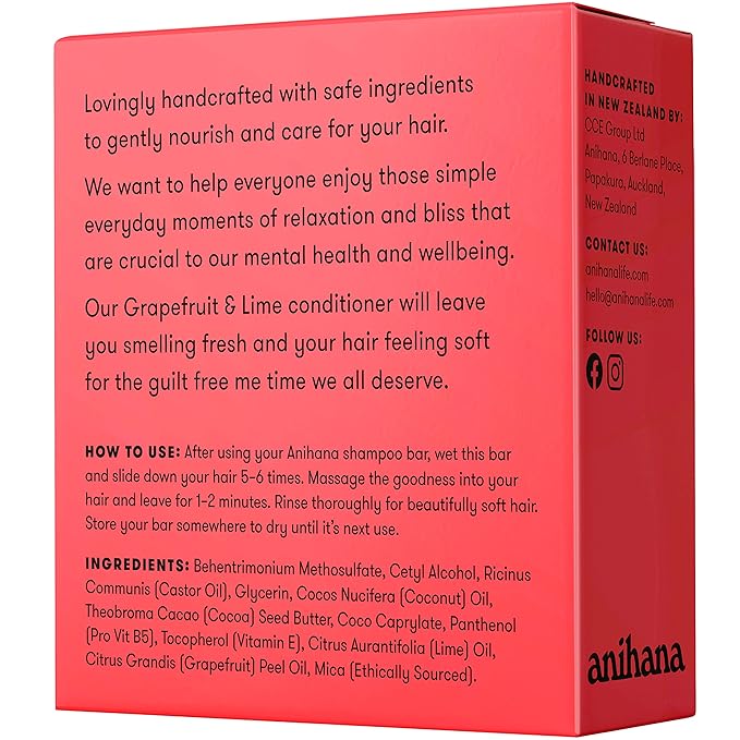 ANIHANA Conditioner Bar for Dry Damaged Safe For Color Treated Hair Moisturizing Hydrating Healthy Looking Hair Paraben Free Grapefruit and Lime 2.1 oz