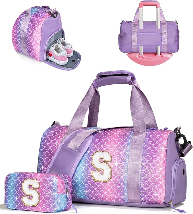 Travel Stuff for Kids-Girl Gym Bag with Shoe Compartment, Kid Weekender Dance Bags, Initial Travel Tote with Makeup Pouch, Gift for 3 4 5 6 7 8 9 10 11 12 Year Old Girls (Letter S)