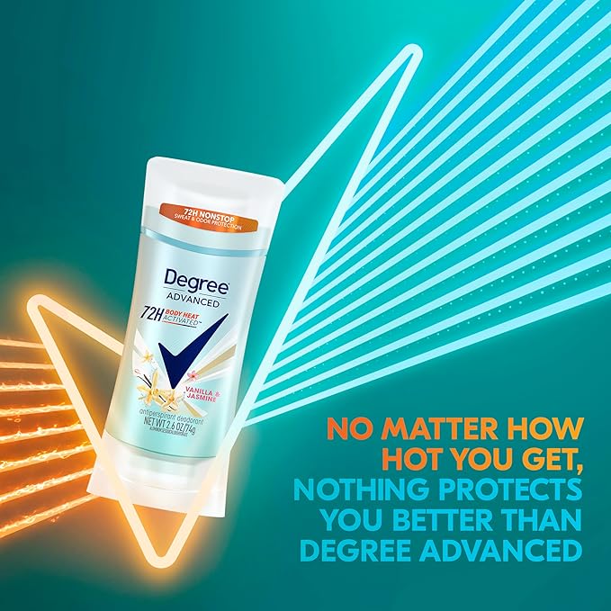 Degree Advanced Protection Antiperspirant Deodorant Vanilla & Jasmine for 72-Hour Sweat & Odor Control for Women, with Body Heat Activated Technology, 2.6 oz
