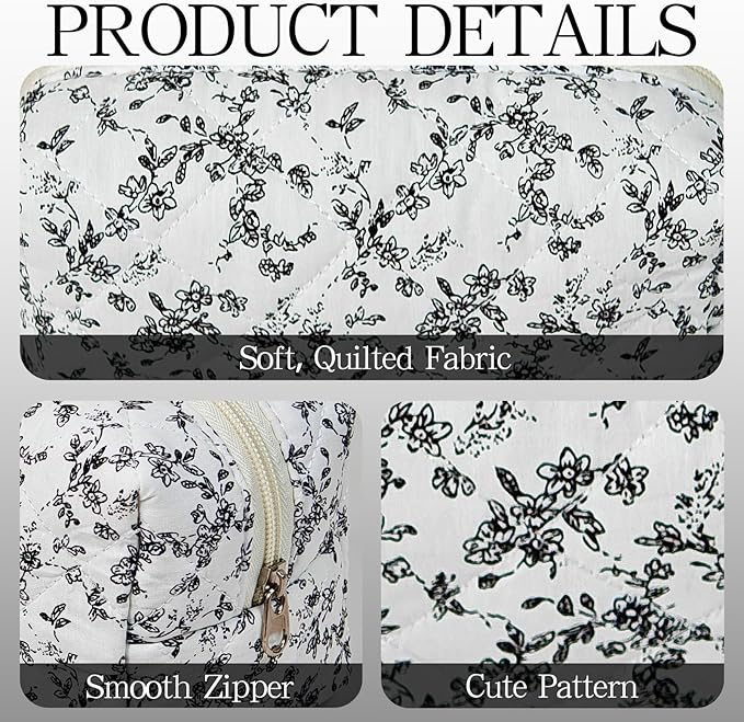 Quilted Makeup Pouch,Cotton Puffy Makeup Bag, Coquette Cosmetic Bag for Women and Girls, Aesthetic Organizer Bag, Cute Flower Travel Toiletry Bag