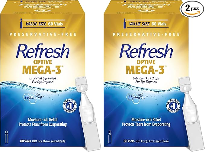 Refresh Eye Drops, Lubricant, Artificial Tears, Preservative-Free | Optive MEGA-3 | 60 Containers | Single-Use | 0.01 fl oz