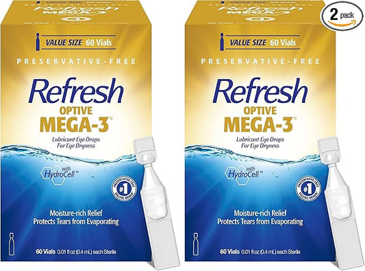 Refresh Eye Drops, Lubricant, Artificial Tears, Preservative-Free | Optive MEGA-3 | 60 Containers | Single-Use | 0.01 fl oz