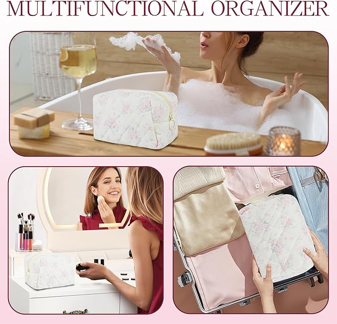 Quilted Makeup Pouch,Cotton Puffy Makeup Bag, Coquette Cosmetic Bag for Women and Girls, Aesthetic Organizer Bag, Cute Flower Travel Toiletry Bag