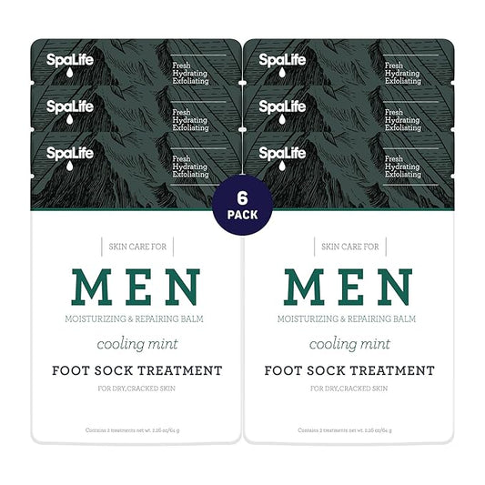 Spa Life Men's Cooling Mint Foot Repair Balm and Moisturizing Socks Set - Revitalizing Hydrating Foot Mask for Soothing Tired, Achy Feet and Softening Dry, Cracked Skin One Size Fits Most- 6 Pairs