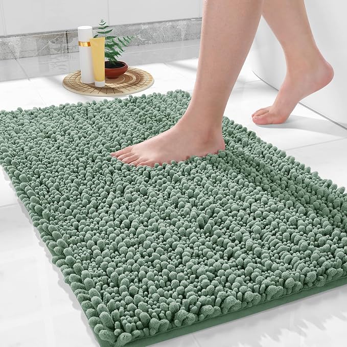 Yimobra Bathroom Rugs Non Slip Washable - Ultra Soft Absorbent Chenille Bath Mat, Quick Dry Shaggy Floor Carpet for Tub Shower, Green Home Decor Accessories, 24x17 Inch
