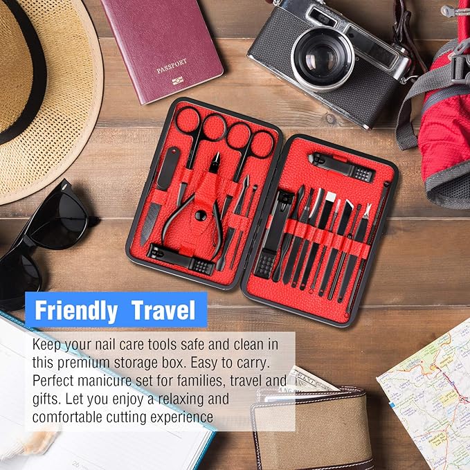 Manicure Pedicure Kit Nail Clippers Set 18 in 1 High Precision Stainless Steel Cutter File Sharp Scissors for Men & Women Fingernails & Toenails Vibrissac Scissors with Stylish Case (Red_18in1)