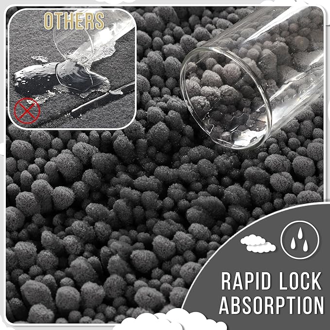 Yimobra Bathroom Rugs Non Slip Washable - Ultra Soft Absorbent Chenille Bath Mat, Quick Dry Shaggy Floor Carpet for Tub Shower, Dark Gray Home Decor Accessories, 24x17 Inch