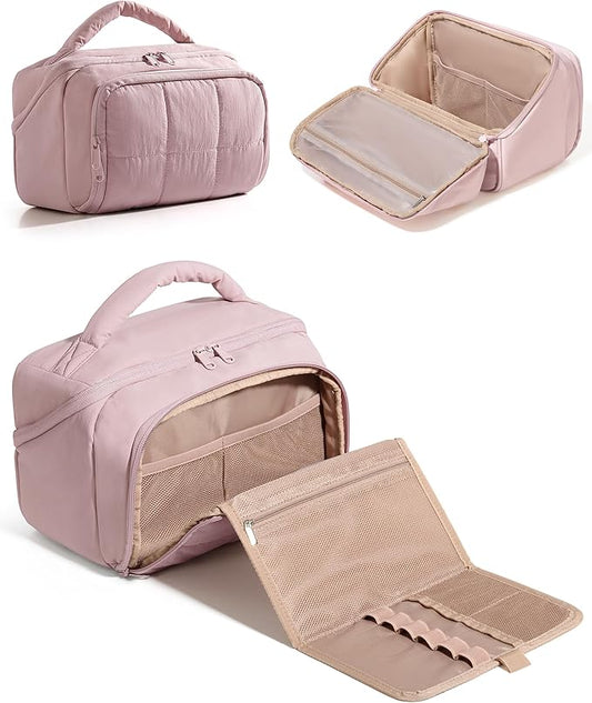 Travel Makeup Bag for Women, Toiletry Organizer with Waterproof Pockets, Puffy Cosmetics Pouch for Makeup Brushes, Skincare & Travel Essentials, Pink (Bag only)
