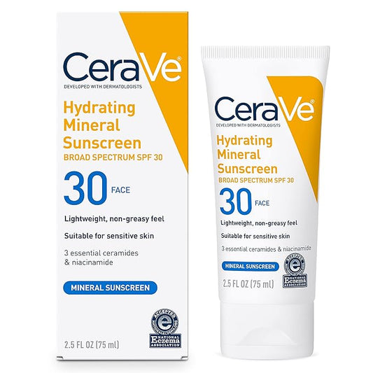 CeraVe 100% Mineral Sunscreen SPF 30, Face sunscreen With Zinc Oxide & Titanium Dioxide, Hyaluronic Acid + Niacinamide + Ceramides, Oil Free, Travel Size 2.5 oz
