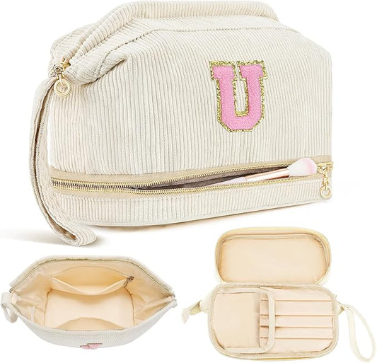 Makeup Bag for Girls Gift, Personalized Christmas Gifts Initial Women Makeup Bag for Travel, Double Layer Cosmetic Bag with Brush Organizer Preppy Make up Bag for Teen Girl Trendy - U