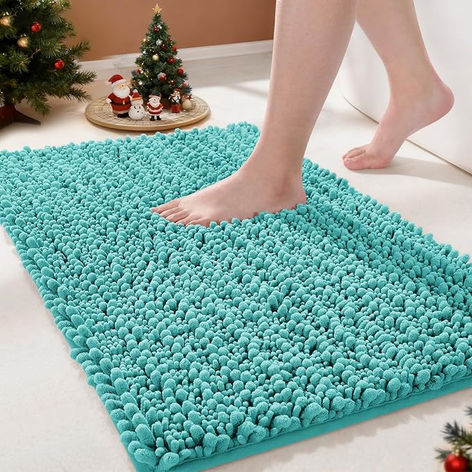 Yimobra Bathroom Rugs Non Slip Washable - Ultra Soft Absorbent Chenille Bath Mat, Quick Dry Shaggy Floor Carpet for Tub Shower, Lake Blue Home Decor Accessories, 24x17 Inch