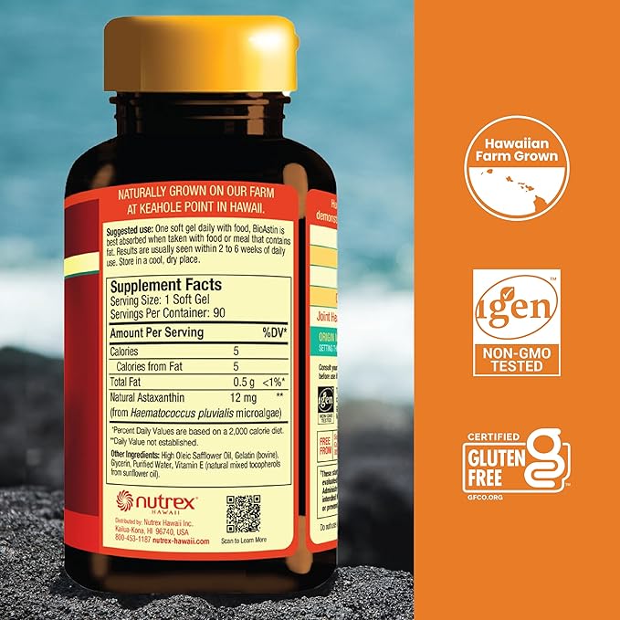 Nutrex Hawaii BioAstin Hawaiian Astaxanthin - 4mg, 60 Softgels - Farm-Direct Premium Antioxidant Supplement to Support Eye, Skin, Joint & Immune System Health - Non-GMO & Gluten-Free