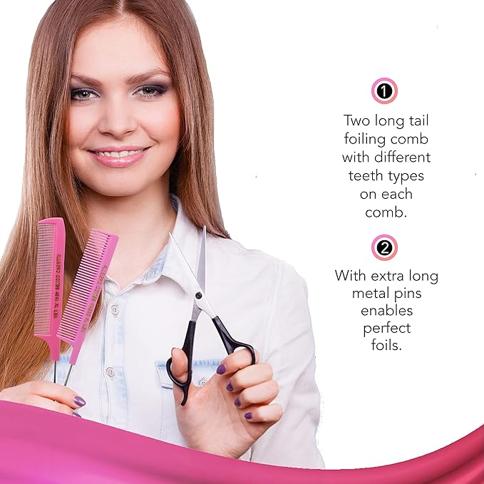 Allegro XL Pintail Rat Tail & Parting Combs - Metal Tail Foiling & Pin Combs (2 Pc., PINK)