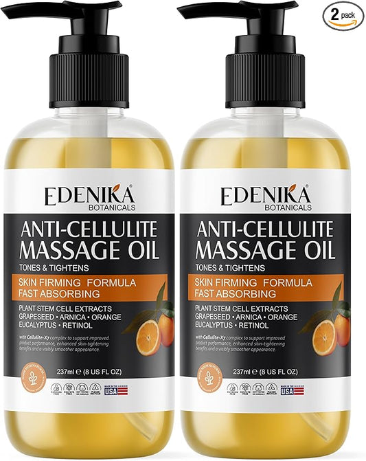 Anti Cellulite Massage Oil for Massage Therapy with Grapeseed Oil, Retinol & Stem Cells, Skin Firming Oil for Body, Legs, Thighs & Butt, Muscle Relief & Hydrates Skin, 2-Pack