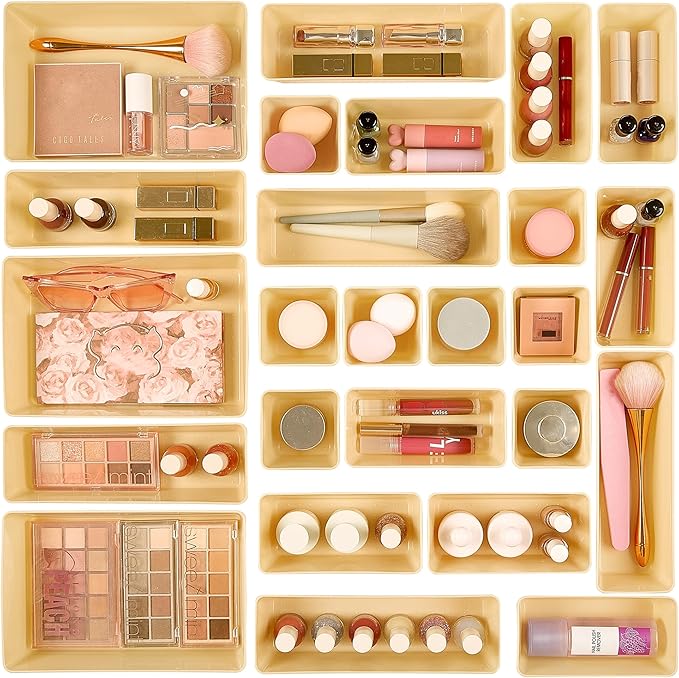 Vtopmart 25 PCS Plastic Drawer Organizers Set, 4-Size Versatile Bathroom and Vanity Drawer Organizer Trays, Storage Bins for Makeup, Bedroom, Kitchen Gadgets Utensils and Office
