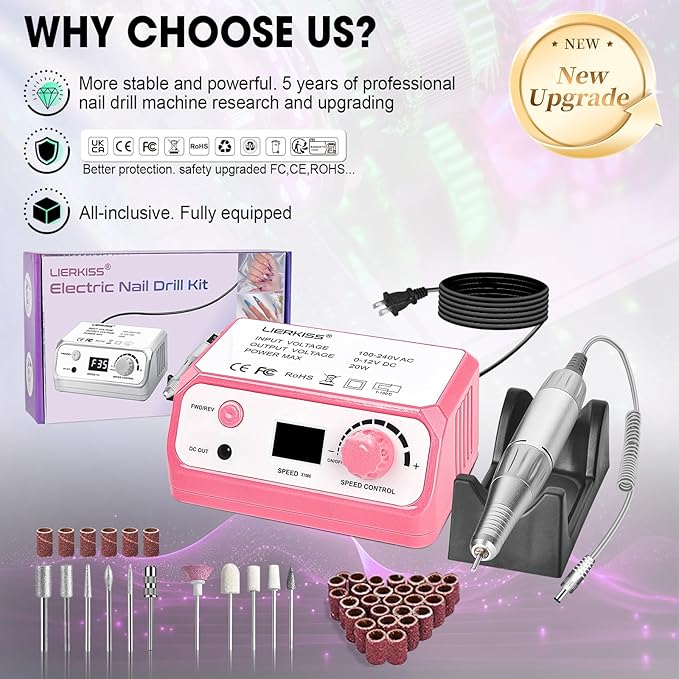 Nail Drill Professional 45000RPM Drils Nail Electric Nail File Nails Drill with Sanding Bands and Nail Drill Bits for Acrylic, Gel Nail Manicure & Pedicure, Pink