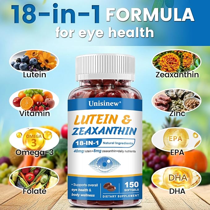 Lutein and Zeaxanthin Supplement - Eye Vitamins, 40 mg Lutein & 8 mg Zeaxanthin with Vitamins C, E, Zinc, Omega-3 & CoQ10 for Blue Light Protection, Eye Health Support  - 150 Softgels