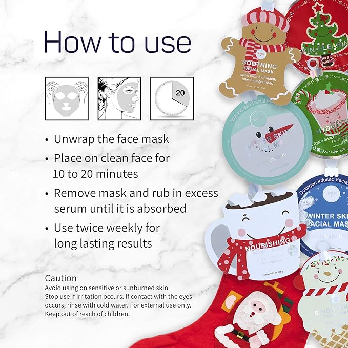 SpaLife Beauty Stocking Stuffers Christmas Face Mask Bundle | Korean Facial Masks | Hydrating, Smoothing, Refreshing and Clarifying Sheet Mask Set | Christmas Stocking Stuffers for Women | 12 Pack