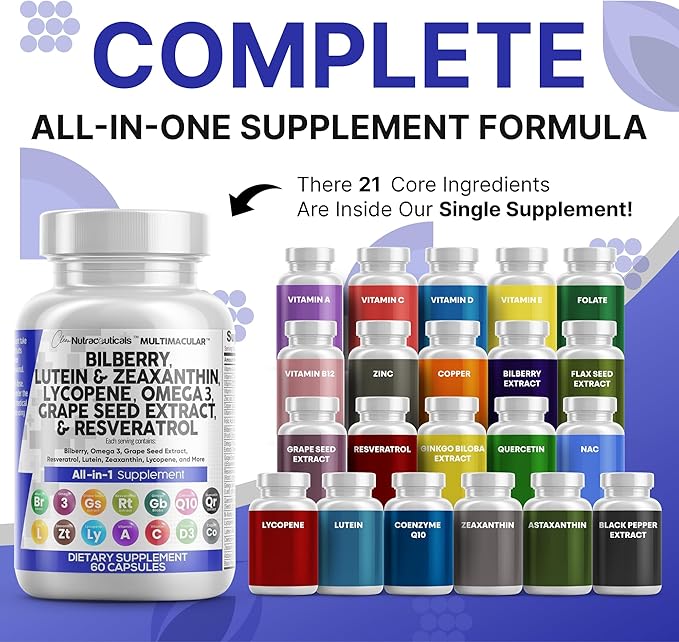 Clean Nutra Eye Vitamins with Bilberry Lutein and Zeaxanthin Supplements Lycopene 40mg Resveratrol Grape Seed Astaxanthin for Eyes - Eye Care Health Support (60 Count (Pack of 2))