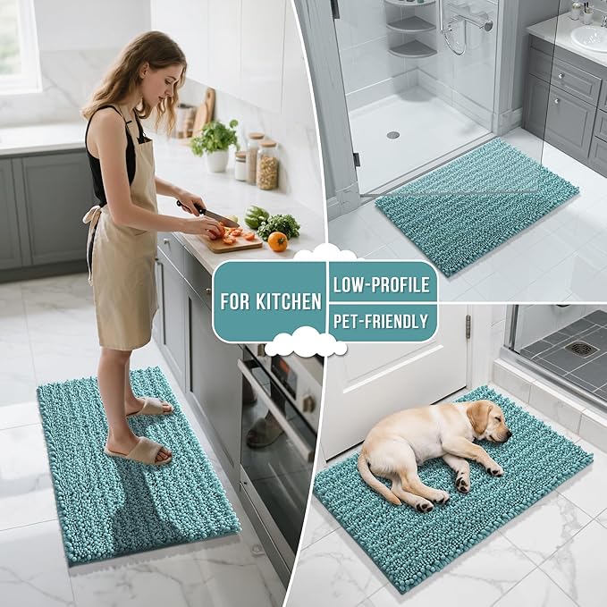Yimobra Bathroom Runner Rug 70x24 Inch - Extra Long Non Slip Chenille Bath Mat, Soft & Absorbent, Machine Washable Shaggy Hallway Carpet for Vanity Tub Shower, Teal Blue Home Decor Accessories