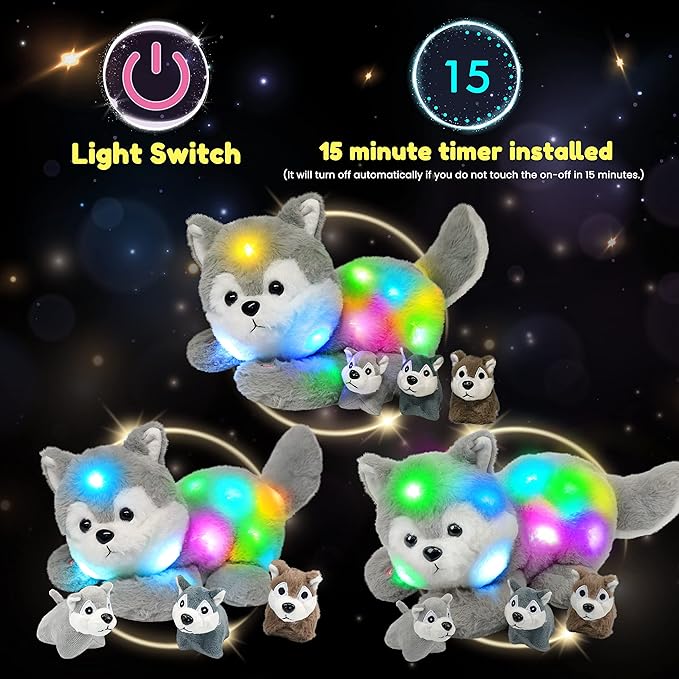 Hopearl LED Plush Husky Lighting Up Stuffed Mommy Dog with 3 Baby Puppies in her Tummy Stuffed Animal Playset Night Lights Glow in The Dark Gifts for Mom Toddler Boys Girls, Gray, 17''