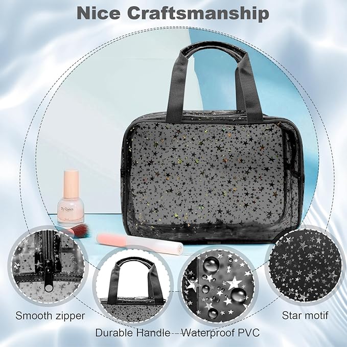 Clear Black Star Large Makeup Bag with Star Pattern 12x5x8 inch, Travel Cosmetic Bag with Handle, Durable PVC Material Washbag Zipper Opening Design for Makeup Travel Organizer or Gym Use