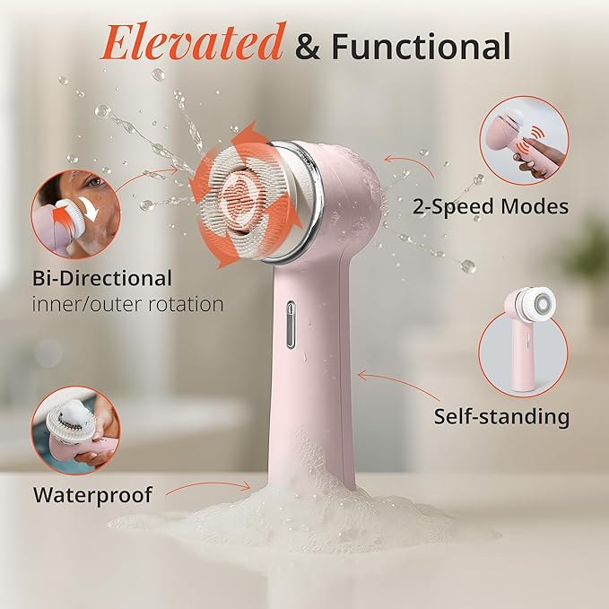 Vanity Planet Raedia 2.0 Facial Cleansing Brush, 4 Interchangeable Brush Heads, Pink - Daily Cleansing Face Exfoliator for Glowing & Acne Prone Skin - Lightweight Silicone Water-Resistant Body Brush