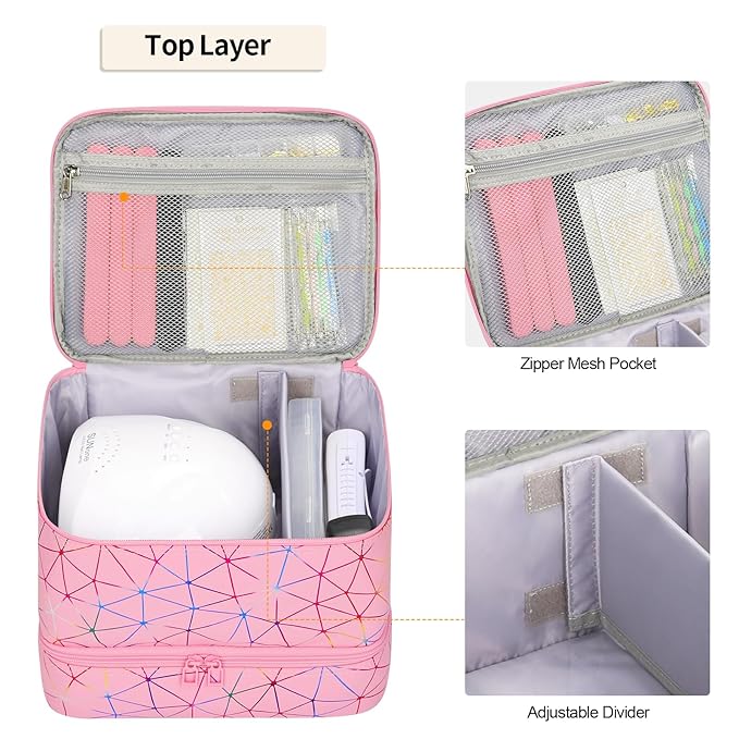 Ethereal Nail Polish Organizer Case, Holds 32+ Bottles(15ml/0.5fl.oz) and Nail Lamp, Double Layer Nail Polish Storage Bag for Nail Kit, Manicure Tools, Gifts for Girls