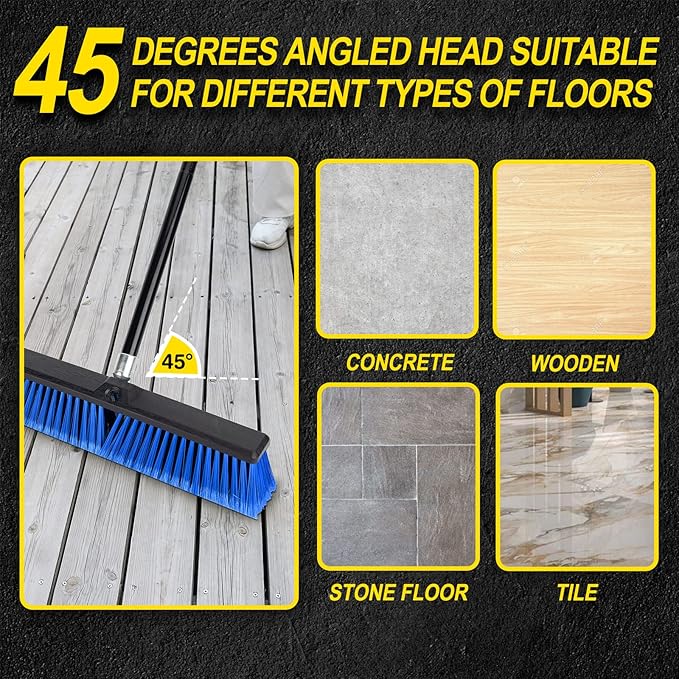 18 Inches Outdoor Push Broom Heavy Duty Shop Broom with 63" Long Handle for Deck Driveway Garage Yard Patio Concrete Floor Cleaning(Blue)