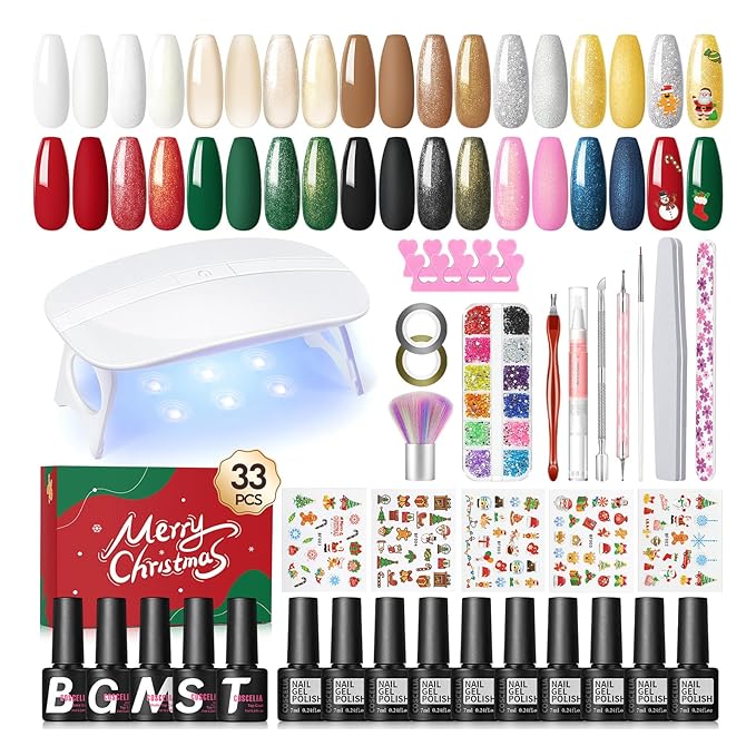 COSCELIA Christmas Gel Nail Polish kit with U V Light Starter Kit 10 Colors Gel Polish Top Base Coat Glitter Decorations Nail Art Gel Manicure Kit DIY Gifts for Women Teens