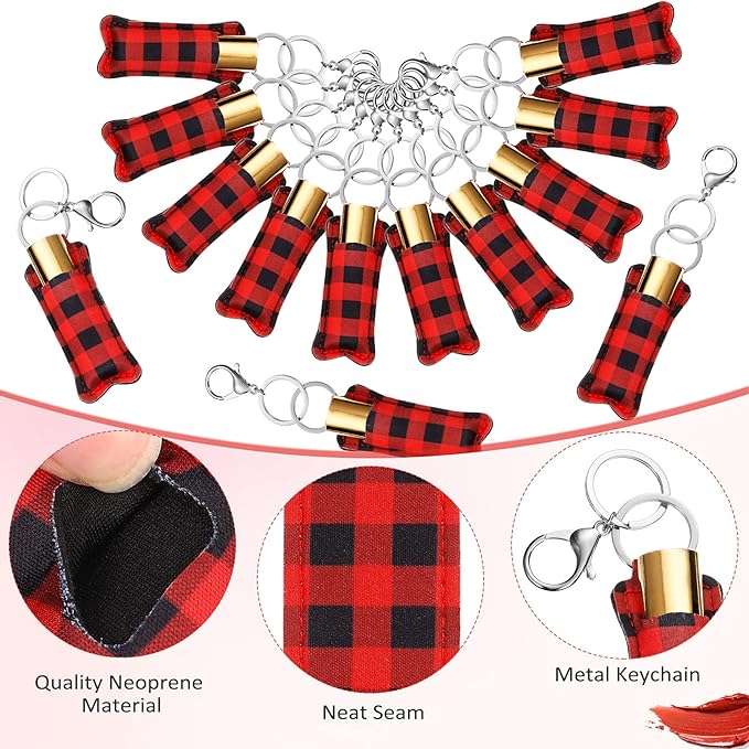 MTLEE 40 Buffalo Plaid Lipstick Holder Keychains Red and Black Lip Balm Sleeve Pouch Lipstick Holder Keychains with Metal Clip Cords Lip Balm Keychain Set for Women Girls Christmas Decoration