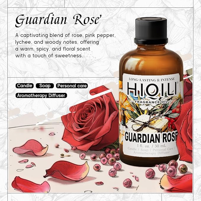 HIQILI Guardian Rose Fragrance Oil for Making Candles, Inspired by Byrdo No Men's Land Rosa, DIY Soaps, Perfume, Scent Diffusers, Skin & Hair Care - 1Fl Oz