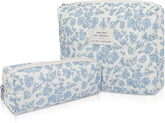 2PC Makeup Bag Set, Cute Cosmetic Bag for Women Girls, Floral Coquette Aesthetic Toiletry Bag, Travel Make Up Organizer Bag (Blue Floral)