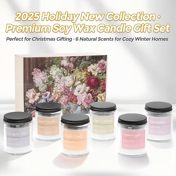 Christmas Candle Gift Set, 6 Natural Soy Wax Candles for Home, Long Burning Holiday Aromatherapy Set with Cinnamon Apple & Vanilla, Perfect Christmas Gifts for Women, Men, Friends & Family