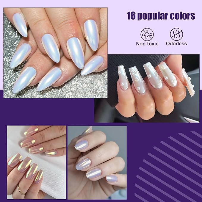 Artdone Chrome Nail Powder Magic White Pearl Kit Mirror Effect Silver Metallic Holographic Dip Nail Powder For Resin Craft & Nail Art Decoration