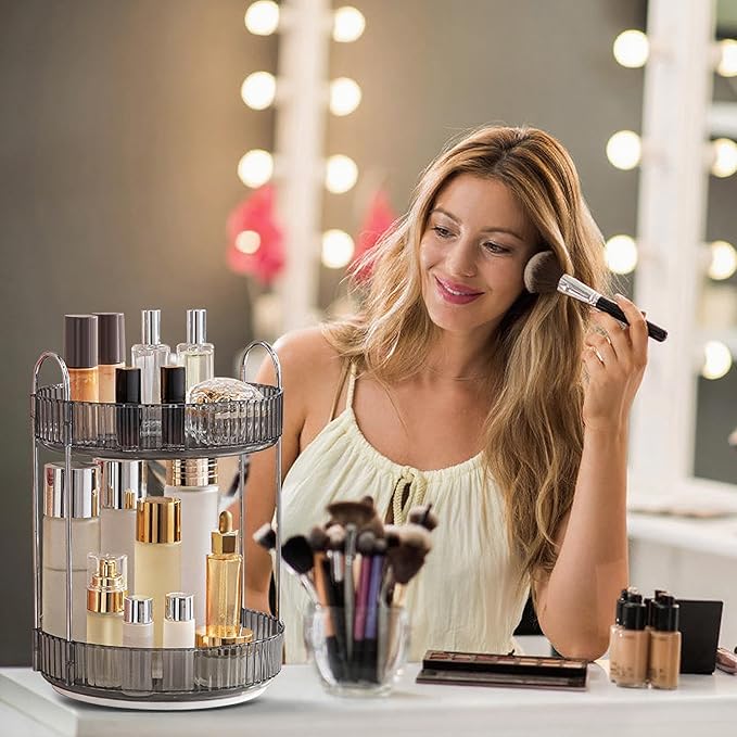 360° Rotating Makeup Organizer, Bathroom Make Up Spinning Holder Rack, Large Capacity Cosmetics Storage Vanity Shelf Countertop, Fits Cosmetics, Perfume, Skincare, Lipsticks(2 Tiers, Gray)