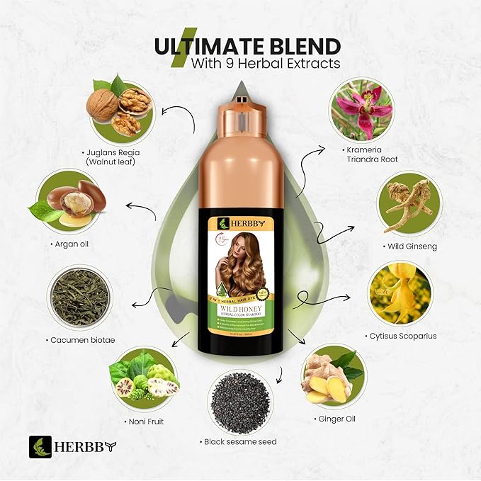 HERBBY Hair Color Shampoo for Gray Hair Coverage&Color Transform with 9 Herbal Extracts –Long Lasting(6-8 Weeks),Shiny,Evenly Colored,Instant Hair Dye Shampoo&Conditioner, 500 Ml (WILD HONEY COLOR)