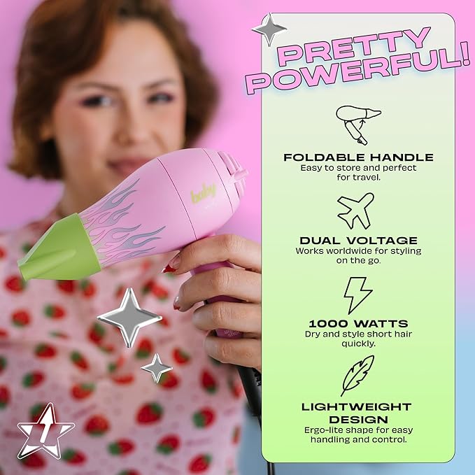 Travel Hair Dryer – Lightweight, Portable Dual Voltage Mini Blow Dryer for Women and Men with Foldable Handle, and Nozzle for Targeted Styling - Works on Short and Long Hair