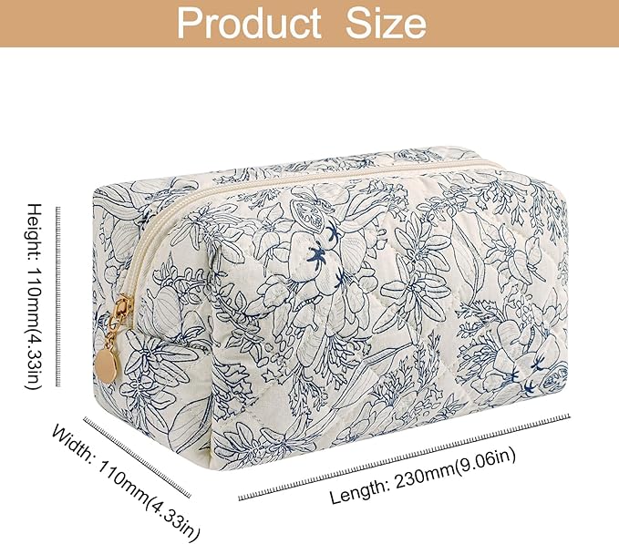 Makeup Bag Travel Cosmetic Bag for Women Girls, Zipper Make Up Pouch, Floral Flowers Toiletry Organizer Makeup, Portable Storage Bag, Cosmetic Travel Cloth Bag (Navy Blue Flower)