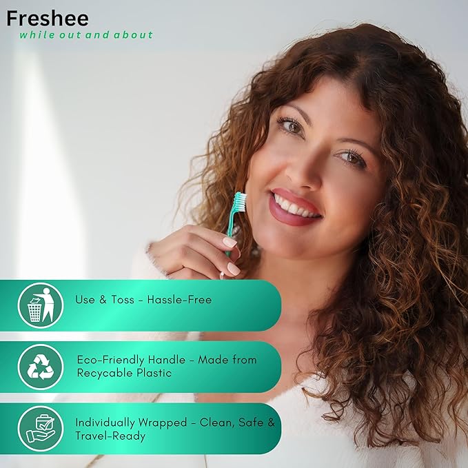 Freshee Bead -5 in 1 Disposable Mini Toothbrush with Toothpaste Bead + Floss + Pick + Tongue Scraper | Travel Size | Individually Wrapped | Soft | Extra Mint | Travel Set | Oral Care