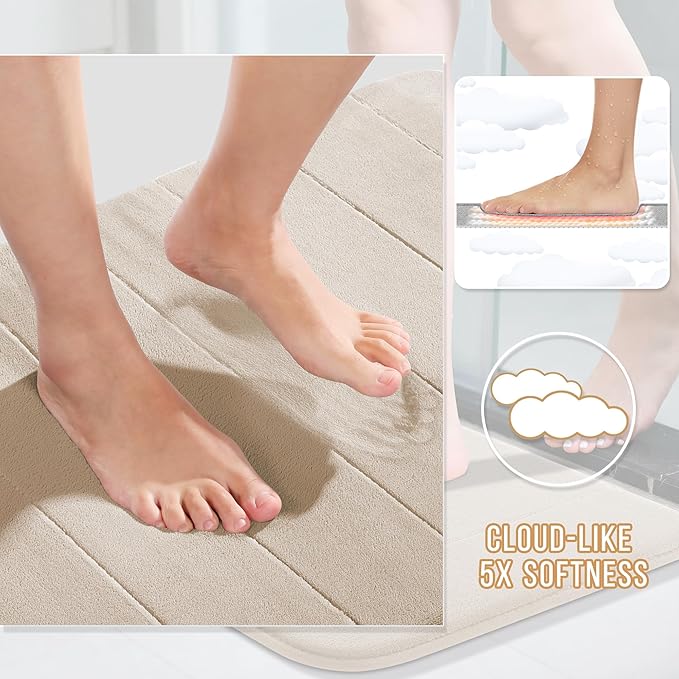 Yimobra Memory Foam Bath Mat, Super Soft Absorbent Bathroom Rug Non Slip, Quick Dry, Machine Washable Floor Carpet for Tub Shower, Home Decor Accessories, 24x17, Beige