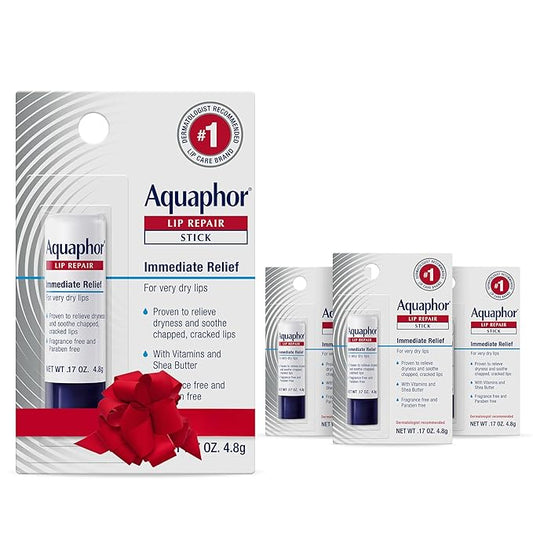 Aquaphor Lip Repair Stick with Jojoba Oil and Shea Butter, Moisturizing Lip Balms, Fragrance Free and Paraben Free, Holiday Gifts for Self Care, 0.17 Oz Stick, Pack of 4