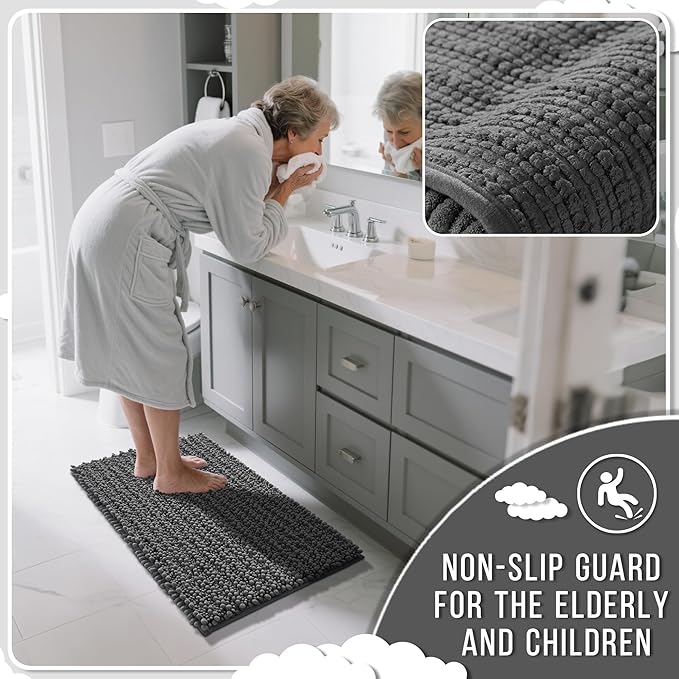 Yimobra Bathroom Rugs Non Slip Washable - Ultra Soft Absorbent Chenille Bath Mat, Quick Dry Shaggy Floor Carpet for Tub Shower, Dark Gray Home Decor Accessories, 24x17 Inch